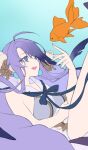  1girl ahoge bikini blue_background blue_eyes blue_hair blue_nails blue_ribbon cetus_kkk commentary_request dress earrings fish goldfish gradient_background hair_ornament happy jewelry long_hair long_sidelocks looking_at_animal multicolored_hair ningyo_hime_(sinoalice) open_mouth purple_hair ribbon sailor_collar see-through_clothes see-through_dress sidelocks sinoalice solo swimsuit twintails two-tone_hair 