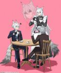  3boys alternate_costume animal_ear_fluff animal_ears apron black_dress black_gloves black_shoes blue_jacket blue_vest brown_jacket brown_pants cat_boy cat_ears cat_tail chair closed_mouth colored_tips commentary crossdressing crossdressing_(mtf) crossed_bangs crossed_legs cup dress enmaided gloves grey_hair hair_between_eyes heart heart_hands highres holding holding_cup holding_phone hoyofair jacket long_hair looking_at_another maid maid_apron maid_headdress male_maid moechakkafire multicolored_hair multiple_boys on_chair open_mouth pants phone pink_background plate purple_eyes seth_lowell severian_lowell shidare_(youh4016) shoes short_hair simple_background sitting spilling spoon table tail untranslatable_commentary vest white_apron white_gloves white_hair wise_(zenless_zone_zero) yellow_eyes zenless_zone_zero 