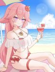  1girl absurdres animal_ears beach bikini breasts fox fox_ears fox_girl frilled_bikini frills genshin_impact highres long_hair looking_at_viewer ocean pink_hair purple_eyes red_bikini solo stomach string_bikini swimsuit take_(take96254) yae_miko 