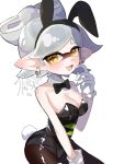  1girl :d adapted_costume animal_ear_hairband animal_ears artist_logo black_bow black_bowtie black_leotard black_pantyhose blush bow bow-shaped_hair bowtie breasts bunny_day cleavage commentary_request cross-shaped_pupils detached_collar earrings fake_animal_ears fang glint gloves grey_hair hairband highres inkling jewelry large_breasts leotard logo looking_at_viewer low_neckline marie_(splatoon) marie_(squid_sisters_outfit)_(splatoon) mtmt_mo0 open_mouth pantyhose playboy_bunny pointy_ears rabbit_ear_hairband rabbit_ears rabbit_tail short_eyebrows skin_fang smile solo splatoon_(series) symbol-shaped_pupils tail tentacle_hair thick_eyebrows white_gloves yellow_eyes 