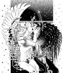  2boys angel angel_wings black_hair cheekbones commentary english_commentary eyelashes flower greyscale hair_flower hair_ornament iliothermia kiss laurel_tattoo lips mastectomy_scar monochrome multiple_boys nude original scar scar_on_chest sitting tattoo wavy_hair wings yaoi 