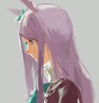  1girl animal_ears ascot black_jacket commentary green_ascot highres horse_ears horse_girl jacket long_hair mejiro_mcqueen_(frontline_elegance)_(umamusume) mejiro_mcqueen_(umamusume) otimusyairoha purple_eyes purple_hair solo umamusume 