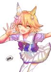  +_+ 1girl animal_ears commentary ear_covers highres horse_ears horse_girl kasaneri matikanefukukitaru_(umamusume) orange_hair school_uniform single_ear_cover solo summer_uniform tracen_school_uniform umamusume untranslatable_commentary yellow_eyes 