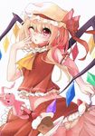  :p ascot ass blonde_hair blush cake codec007 dress flandre_scarlet food fork hat highres long_hair midriff one_eye_closed panties red_eyes side_ponytail striped striped_panties stuffed_animal stuffed_toy tongue tongue_out touhou underwear wings 