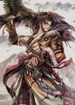  1boy absurdres armor beard bird bird_on_hand black_hair blurry blurry_background commentary_request facial_hair final_fantasy final_fantasy_xiv fur_trim hien_rijin highres hyur japanese_armor japanese_clothes long_hair male_focus mihira_(tainosugatayaki) muscular muscular_male ponytail ribbon scar scar_on_face smile solo sword weapon 