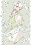  1girl au_ra breasts colored_inner_hair commentary cowboy_shot dragon_girl dragon_horns dragon_tail dress final_fantasy final_fantasy_xiv green_shrug hair_over_one_eye highres horns looking_at_viewer medium_breasts medium_hair motsuni_(lxxe1120) multicolored_hair own_hands_together pink_hair red_eyes scales shrug_(clothing) solo tail two-tone_hair untranslatable_commentary warrior_of_light_(ff14) white_dress white_hair 