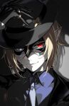  1boy black_coat black_gloves black_hat blonde_hair coat domino_mask ear_piercing eye_mask gloves gold_ring grey_eyes hair_between_eyes hand_on_headwear hat heterochromia highres hugo_vlad jewelry lapel_pin looking_at_viewer maka_(mksrw) male_focus mask medallion multiple_rings necktie piercing pointy_ears purple_necktie purple_shirt red_eyes ring shadow shirt smile solo twitter_username upper_body zenless_zone_zero 