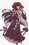  1girl alternate_costume artist_request black_hair chinese_commentary commentary_request commission crown flower full_body furisode_sleeves gohei hair_flower hair_ornament hakama highres holding holding_gohei japanese_clothes long_hair looking_at_viewer mahou_shoujo_no_majo_saiban mini_crown nikaido_hiro nontraditional_miko platform_sandals red_eyes red_flower sandals second-party_source shide simple_background socks solo white_background white_socks wide_sleeves 