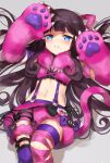  1girl animal_ears animal_hands blue_eyes brown_hair cat_ears cat_tail closed_mouth commentary_request crop_top fake_animal_ears fake_claws fake_tail gloves grey_background hair_spread_out hands_up irua kurosu_aroma long_hair lying midriff multicolored_thighhighs navel on_back paw_gloves pink_gloves pink_shirt pink_shorts pink_thighhighs pretty_series pripara purple_thighhighs shirt shorts solo suspender_shorts suspenders tail thighhighs torn_clothes torn_thighhighs two-tone_thighhighs 