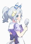  1girl absurdres animal_ears blush bow bowtie breasts brown_eyes commentary_request ear_covers electric_fan grey_hair hand_fan highres hishi_miracle_(umamusume) holding holding_fan horse_ears horse_girl horse_tail looking_at_viewer medium_breasts medium_hair nenbutsu_0416 open_mouth pleated_skirt ponytail puffy_short_sleeves puffy_sleeves purple_bow purple_bowtie purple_shirt sailor_collar sailor_shirt school_uniform shirt short_sleeves simple_background skirt solo summer_uniform sweat tail tracen_school_uniform umamusume white_background white_sailor_collar white_skirt 