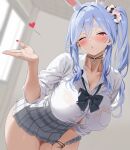  1girl :o ;o alternate_costume animal_ears blowing_kiss blue_hair blurry blurry_background blush bow bowtie breast_pocket breasts button_gap cleavage collarbone collared_shirt commentary_request cosplay fingernails grey_bow grey_bowtie grey_skirt hair_ornament hair_scrunchie hand_up heart highres hololive jewelry large_breasts leaning_forward long_hair looking_at_viewer loose_bowtie mature_female multicolored_hair necklace one_eye_closed pekomama pendant plaid_clothes plaid_skirt pocket puckered_lips rabbit_ears rabbit_girl red_eyes school_uniform scrunchie shirt shirt_tucked_in short_eyebrows side_ponytail sidelocks skirt sleeves_rolled_up solo thick_eyebrows thick_thighs thighs tomohiro_(duo) two-tone_hair usada_pekora usada_pekora_(12th_costume) usada_pekora_(cosplay) virtual_youtuber white_hair wrist_straps 