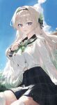  1girl :d absurdres black_hairband black_skirt blue_sky blurry blurry_background blush bow bowtie commentary_request firefly_(honkai:_star_rail) firefly_(spring_missive)_(honkai:_star_rail) green_bow green_bowtie grey_hair hairband highres honkai:_star_rail honkai_(series) jianjia long_hair long_sleeves looking_at_viewer official_alternate_costume open_mouth plaid_clothes plaid_skirt purple_eyes school_uniform serafuku shirt skirt sky smile solo thighhighs thighs white_shirt white_thighhighs 