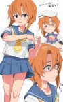 1girl beret blue_eyes blue_sailor_collar blue_skirt bow bowtie breasts character_name commentary_request copyright_name dated gomennasai hair_between_eyes hat highres higurashi_no_naku_koro_ni multiple_views neckerchief orange_hair pleated_skirt purple_bow purple_bowtie ryuuguu_rena sailor_collar school_uniform serafuku shirt short_hair short_sleeves skirt sleeve_cuffs small_breasts steepled_fingers translated white_hat white_shirt yellow_neckerchief 