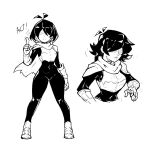  1girl absurdres androgynous armor black_bodysuit bodysuit boots breastplate breasts cape covered_navel deltarune english_text full_body gauntlets genderswap genderswap_(otf) greyscale hair_between_eyes highres kris_(dark_world)_(deltarune) kris_(deltarune) looking_at_viewer medium_hair monochrome navel rthunderatk shaded_face simple_background skin_tight solo utdr_(toby_fox) white_background 