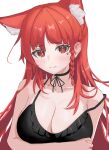  1girl absurdres akumo animal_ear_fluff animal_ears braid breasts chinese_commentary cleavage commentary_request cross embarrassed heart highres large_breasts light_blush long_hair looking_at_viewer original red_eyes red_hair solo white_background 