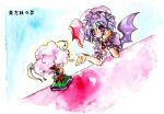  1girl bat_wings cherry_blossoms commentary_request hat hat_ribbon lowres mino6057 mob_cap purple_hair red_eyes remilia_scarlet ribbon saigyou_ayakashi short_sleeves touhou vampire wings 
