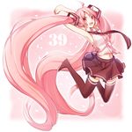  39 absurdly_long_hair armpits arms_up black_footwear boots full_body hatsune_miku juugonichi_(wheeliex2) long_hair navel necktie open_mouth pink_hair red_eyes sakura_miku skirt solo thigh_boots thighhighs twintails very_long_hair vocaloid 