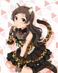  1girl animal_ears animal_print arm_strap boots breasts brown_boots brown_eyes brown_hair card_commentary closed_mouth commentary_request dress fake_animal_ears fake_tail fingerless_gloves frilled_dress frills fur_collar game_asset gaogao_leopard_(idolmaster) gloves hand_up high_heel_boots high_heels idolmaster idolmaster_million_live! idolmaster_million_live!_theater_days kitazawa_shiho lace-up_boots leopard_ears leopard_print leopard_tail long_hair looking_at_viewer o-ring o-ring_arm_strap o-ring_thigh_strap official_alternate_costume official_art print_dress print_gloves short_dress sideways_glance sitting sleeveless sleeveless_dress solo tail thigh_strap third-party_source wariza 