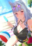  1girl animal_ears ball bare_shoulders beach beachball black_one-piece_swimsuit blue_sky blunt_bangs blush breasts casual_one-piece_swimsuit cleavage cloud collarbone eyewear_on_head food gold_ship_(run!_ruin!_launcher!)_(umamusume) gold_ship_(umamusume) grey_hair highres holding holding_food holding_popsicle horse_ears horse_girl horse_tail large_breasts long_hair looking_at_viewer ocean official_alternate_costume one-piece_swimsuit ourcoffeeart outdoors parted_lips popsicle purple-tinted_eyewear purple_eyes sky solo sunglasses swimsuit tail tinted_eyewear umamusume water yellow-framed_eyewear 
