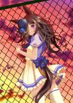  1girl animal_ears blue_flower blue_hat blue_rose blush bow bowtie breasts brown_hair commentary_request fence flipped_hair flower hair_over_one_eye hat hat_flower highres hisame17737 horse_ears horse_girl horse_tail long_hair outdoors pleated_skirt puffy_short_sleeves puffy_sleeves purple_bow purple_bowtie purple_eyes purple_shirt rice_shower_(umamusume) rose sailor_collar sailor_shirt school_uniform shirt short_sleeves skirt sky small_breasts solo summer_uniform sunset tail thighhighs tilted_headwear tracen_school_uniform umamusume white_sailor_collar white_skirt white_thighhighs 