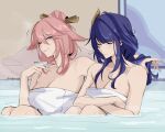  2girls arm_around_shoulder bathing breasts cleavage closed_eyes commentary cup english_commentary genshin_impact hand_in_another's_hair highres holding holding_cup large_breasts multiple_girls naked_towel one_eye_closed onsen partially_submerged pink_hair purple_eyes purple_hair raiden_shogun same-sex_bathing seijousai shared_bathing sitting towel twitter_username water yae_miko 