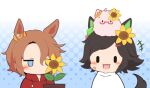  +++ 2girls :3 :d animal_ears biwa_hayahide_(umamusume) black_hair blue_background blue_eyes blush bnw_(umamusume) brown_hair chibi chibi_only commentary_request flower gomashio_(goma_feet) gradient_background hair_between_eyes hair_flower hair_ornament hairclip horse_ears horse_tail jitome multiple_girls narita_taishin_(umamusume) on_head open_mouth short_hair simple_background smile sunflower tail two-tone_background umamusume upper_body white_background winning_ticket_(umamusume) |_| 