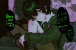  1boy black_hair brown_shorts chinese_commentary collared_shirt commentary_request crying crying_with_eyes_open degrees_of_lewdity diagonal-striped_clothes diagonal-striped_necktie double-parted_bangs drawstring earphones_removed english_text feet_out_of_frame from_side glowing glowing_eyes green_eyes green_jacket green_necktie hair_between_eyes hand_on_own_leg head_on_own_knee heart heart-shaped_pupils highres hood hood_down indoors jacket knees_apart_feet_together kylar_(degrees_of_lewdity) kylar_(male)_(degrees_of_lewdity) liuhao_qiuren long_sleeves looking_at_viewer male_focus male_yandere necktie on_bed open_clothes open_jacket shirt short_hair shorts sidelighting sitting smile socks solo striped_clothes striped_necktie striped_socks stuffed_owl symbol-shaped_pupils tears vertical-striped_clothes vertical-striped_socks white_shirt yandere 
