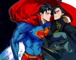  2boys arm_around_shoulder batman batman_(series) batman_symbol belt black_cape black_gloves black_hair blue_bodysuit blue_eyes bodysuit briefs cape clark_kent commentary covered_abs crossed_arms dc_comics earth_(planet) eye_contact floating_cape forked_eyebrows gloves guomukaoya97 hand_on_another's_neck highres looking_at_another male_focus male_underwear multiple_boys muscular muscular_male parted_lips planet red_cape short_hair short_sideburns sideburns smile superhero_costume superman superman_(series) superman_logo underwear very_short_hair yellow_belt 