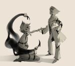  2boys absurdres alastor_(hazbin_hotel) animal_ears auro_(duhaeriss) black_hair boots bow bowtie cheek_piercing choker deer_ears face_piercing fangs formal_clothes hair_slicked_back hand_in_pocket hazbin_hotel hellaverse highres holding holding_staff hooves kneeling looking_at_another lucifer_morningstar_(hazbin_hotel) male_focus monochrome multiple_boys official_alternate_costume pants piercing restrained snake spiked_choker spikes staff straitjacket strap striped_clothes striped_pants suit tentacles white_background 
