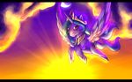  clouds crown equine female feral flowing_mane flying friendship_is_magic horn horse lune_the_tiger mammal moon my_little_pony pony princess princess_celestia_(mlp) royalty sunset winged_unicorn wings 