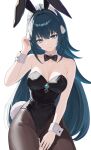  1girl absurdres anima_miko animal_ear_hairband animal_ears aqua_gem aqua_hair bare_arms bare_shoulders black_bow black_leotard black_pantyhose blue_eyes bow breasts cleavage closed_mouth collarbone commentary covered_groin danica_(genshin_impact) detached_sleeves diamond-shaped_pupils diamond_(shape) fake_animal_ears frilled_headwear furrowed_brow gem genshin_impact hair_between_eyes hair_intakes hairband hand_in_own_hair hand_up head_tilt highres large_breasts leotard light_frown long_hair looking_at_viewer low_neckline maid maid_headdress pantyhose playboy_bunny rabbit_ear_hairband rabbit_ears sidelocks simple_background solo standing strapless strapless_leotard symbol-shaped_pupils thighs very_long_hair white_background white_headdress white_wrist_cuffs wrist_cuffs 