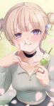  1girl absurdres alternate_costume black_choker blonde_hair blurry blurry_foreground breasts cheek_poking choker collarbone commentary_request dango double_bun earrings food grey_shirt hair_bun highres holding holding_skewer hololive hololive_dev_is jewelry long_sleeves looking_at_viewer medium_breasts midriff multicolored_hair petals poking purple_eyes purple_hair ring sawari_66 shirt short_hair skewer solo streaked_hair stud_earrings todoroki_hajime virtual_youtuber wagashi 