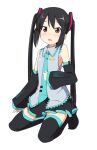  1girl black_hair blush brown_eyes commentary_request cosplay detached_sleeves duplicate fang hatsune_miku hatsune_miku_(cosplay) ixy k-on! kneeling long_hair nakano_azusa necktie pixel-perfect_duplicate simple_background solo thighhighs twintails vocaloid zettai_ryouiki 