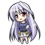  blush casual chibi endori full_body long_hair lyrical_nanoha mahou_shoujo_lyrical_nanoha mahou_shoujo_lyrical_nanoha_a's mahou_shoujo_lyrical_nanoha_innocent open_mouth outstretched_hand red_eyes reinforce short_sleeves shorts silver_hair single_hair_intake solo striped transparent_background 