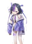  1girl black_hair blush clothing_cutout commentary_request cosmos_34 cowboy_shot crying crying_with_eyes_open earrings fang goddess_of_victory:_nikke hair_ribbon highres jacket jewelry leg_tattoo long_sleeves looking_at_viewer mole mole_under_eye multicolored_hair necktie open_mouth purple_eyes purple_hair purple_jacket purple_necktie purple_ribbon ribbon shirt short_necktie simple_background single_off_shoulder skirt sleeveless sleeveless_shirt solo stomach_cutout streaked_hair syuen_(nikke) tattoo tears trembling triangle_earrings white_background white_skirt 