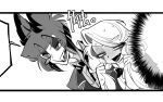  1boy 1girl alastor_(hazbin_hotel) blank_speech_bubble blush charlie_morningstar datedate3107 formal_clothes grabbing_own_hair greyscale hazbin_hotel hellaverse holding_own_hair long_hair monochrome monocle sharp_teeth short_hair speech_bubble suit sweat teeth unfinished upper_body 