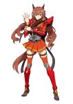  1girl animal_ears armor belt belt-san blue_eyes bow breasts brown_hair commentary_request cosplay drive_driver ear_bow hair_between_eyes holding horse_ears horse_girl horse_tail kamen_rider kamen_rider_drive kamen_rider_drive_(cosplay) kamen_rider_drive_(series) kamen_rider_drive_(type_speed) long_hair looking_at_viewer maruzensky_(formula_r)_(umamusume) maruzensky_(umamusume) name_connection red_armor rider_belt shirt simple_background skirt smile solo standing tail tenkey2022 tokusatsu umamusume white_background 
