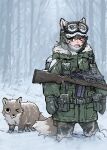  >_o 1girl :o absurdres animal_ears arms_at_sides battle_rifle belt belt_pouch blush_stickers breath brown_hair camouflage camouflage_pants coat cold cowboy_shot day fang forest fox fox_ears fox_girl fox_girl_(yihan_world) fox_tail fur-trimmed_hood fur_trim goggles goggles_on_head green_belt green_coat green_helmet green_mittens gun gun_sling hair_between_eyes helmet highres hood hood_down hooded_coat legs_apart looking_at_viewer m14 m21 mask mask_pull mittens mouth_mask nature one_eye_closed open_mouth original outdoors pants pouch rifle scope short_hair sniper_rifle snow snowing solo tail weapon winter_clothes winter_coat woodland_camouflage yihan_world 