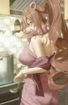  1girl about_fg absurdres animal_ears arknights breasts brown_hair chinese_commentary commentary_request cooking dress from_behind highres holding holding_ladle horns kitchen ladle large_breasts magna_naumann_(arknights) mole mole_on_breast pink_dress ponytail sheep_ears sheep_girl sheep_horns solo steam 