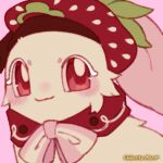  :3 animal animal_focus artist_name blush bow bowtie chikorita closed_mouth commentary creature english_commentary food fruit looking_at_viewer mew_mew_chikorita_moon no_humans pink_background pokemon portrait red_eyes simple_background smile solo strawberry 