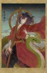 1girl 320tbsyc absurdres bandaged_arm bandages collarbone commentary hair_ornament highres japanese_clothes kimono leaf_hair_ornament looking_to_the_side nihonga purple_hair red_kimono rope shide shimenawa snake solo touhou translation_request ukiyo-e yasaka_kanako 