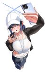  1girl alternate_costume arm_up bad_id bad_twitter_id baseball_cap black_hair black_nails blue_archive blue_eyes blue_hair blue_halo blue_pants blush bra_visible_through_clothes breasts camisole from_above halo hat highres holding holding_phone jewelry large_breasts midriff pants pendant phone saori_(blue_archive) selfie simple_background solo white_background white_camisole white_hat yerim 