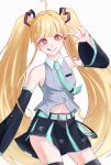  1girl ahoge bare_shoulders black_skirt blonde_hair blush breasts cho_kaguya-hime! commentary_request cosplay dads2227 detached_sleeves hair_ornament hatsune_miku hatsune_miku_(cosplay) highres kaguya_(cho_kaguya-hime!) long_hair looking_at_viewer necktie pleated_skirt shirt skirt sleeveless sleeveless_shirt smile solo thighhighs twintails very_long_hair vocaloid 