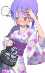  1girl absurdres blush breasts collarbone commentary_request covered_nipples covering_with_clothes hayakawa_sena_(pei_iriya) highres japanese_clothes kimono long_hair long_sleeves obi open_mouth original pei_iriya print_kimono purple_eyes purple_hair sash simple_background small_breasts solo speech_bubble spoken_blush twintails white_background yukata 