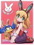  1girl alternate_costume android animal_ears beat_(mega_man) black_pantyhose blonde_hair blush border bow bunny_day closed_mouth commentary_request detached_collar english_text fake_animal_ears full_body green_bow green_eyes hair_bow highres leotard long_hair long_sidelocks looking_at_viewer mega_man_(classic) mega_man_(series) non-humanoid_robot outline outside_border own_hands_together pantyhose playboy_bunny rabbit_ears red_background red_leotard red_shoes robot robot_animal robot_bird roll_(mega_man) seiza shisui shoes sidelocks sitting smile strapless strapless_leotard white_border white_outline wrist_cuffs 
