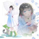  1girl absurdres black_hair blue_eyes blush boots bow closed_mouth commentary_request creature double_bun dress dress_bow frilled_dress frills green_boots haedungi_(shirayuki_hina) hair_bun hair_ornament hair_ribbon heart heart_hair_ornament highres holding holding_leaf holding_umbrella hood hood_up hooded_dress jewelry korean_commentary leaf long_sleeves looking_to_the_side looking_up multiple_views necklace puddle purucon rain red_bow red_ribbon ribbon rubber_boots shirayuki_hina simple_background smile square_neckline squatting stellive transparent transparent_umbrella turning_head umbrella virtual_youtuber walking water white_background white_dress 