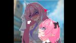  2girls black_bow bow color_connection commentary_request company_connection corset elysia_(herrscher_of_human:_ego)_(honkai_impact) elysia_(honkai_impact) game_screenshot_background hair_bow hair_color_connection heart heart-shaped_pupils highres honkai_(series) honkai_impact_3rd implied_yuri lipstick_mark lipstick_mark_on_arm lipstick_mark_on_breast lipstick_mark_on_face long_hair lty-d mihoyo multiple_girls official_alternate_costume partially_shaded_face pink_hair pointy_ears puff_of_air purple_eyes remielle_dan remielle_dan_(moonlight_whispers) screenshot_background symbol-shaped_pupils triquetra veil very_long_hair white_corset white_veil zenless_zone_zero 