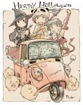 5girls =_= absurdres animal animal_ear_hood animal_ears animal_hat arai_claire arm_up black_eyes black_hair black_hat black_jacket black_ribbon border brown_hair car cat_ears closed_mouth collared_shirt commentary corset crop_top demon_tail detached_sleeves dog_ears driving fake_tail frilled_skirt frills garter_straps glasses gloves grin halloween halloween_costume happy_halloween hat hat_ornament highres holding holding_scythe hood hood_up jacket kogure_yuzuha kotesashi_yayoi long_hair looking_at_viewer low_twintails mazda mazda_k360 mima_nonoka momose_riko motor_vehicle multiple_girls neck_ribbon on_truck open_mouth outside_border panda_hat pickup_truck pig red_car red_sailor_collar red_shirt red_shorts red_skirt red_sleeves ribbon round_eyewear sailor_collar scythe sekihan shirt short_hair short_shorts short_twintails shorts signature skirt skull_hat_ornament sleeveless sleeveless_shirt smile tail three-wheeler truck twintails untranslatable_commentary white_border white_shirt witch_hat yellow_corset yellow_gloves zesshaka!_shiritsu_yotsuwa_joshi_gakuin_zetsumetsu_kigu-sha_gakka 