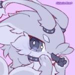  artist_name chibi chibi_only choker commentary diamond-shaped_pupils diamond_(shape) english_commentary furry grey_eyes grey_fur looking_at_viewer mew_mew_chikorita_moon no_humans original pawpads pink_background pokemon pokemon_(creature) purple_background simple_background solo symbol-shaped_pupils 