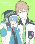  ? ?? beanie blush borrowed_clothes bridge_piercing brown_hair commentary_request dramatical_murder ear_piercing face_piercing green_background green_eyes green_necktie hair_between_eyes happy hat hood hood_down hooded_jacket jacket kuwa_ayase lip_piercing male_focus multiple_piercings musical_note necktie noiz_(dramatical_murder) piercing seragaki_aoba shirt short_hair simple_background smile translation_request twitter_username white_shirt 